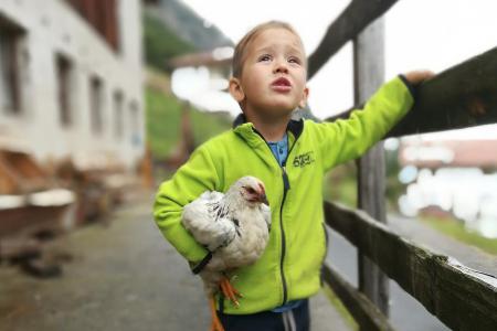 Figlio Moritz con la sua gallina preferita Goldi